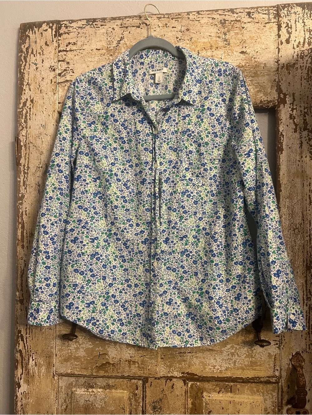 Old Navy Women’s Blue & Green Floral Button-Up Shirt, 100% Cotton